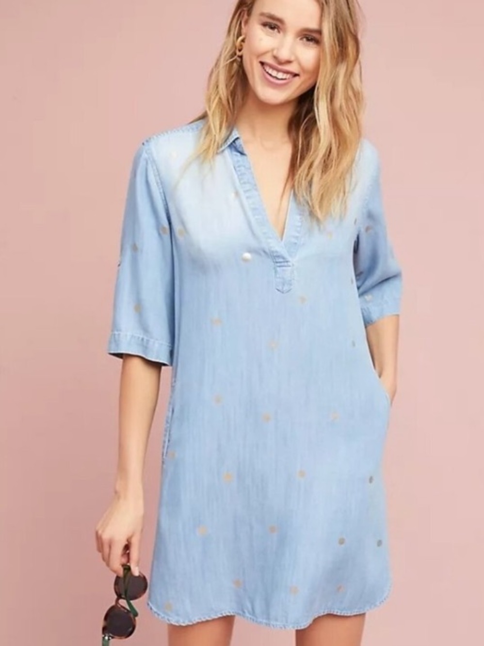 cloth & stone Light Blue V-Neck Tunic Chambray Dress  with Gold Dots